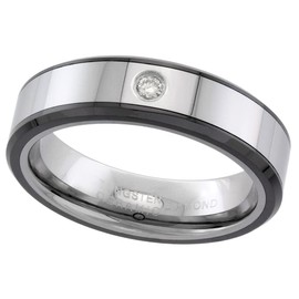 Sabrina Silver 6mm Tungsten Diamond Wedding Ring for Him & Her Beveled Black Ceramic Inlay Edges Comfort fit, Size 7.5