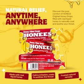Honees Honey Filled Drops, Honey Cough Drops with Real Honey-Natural Sore Throat Relief-Nothing Artificial-Throat Coat Lozenges, Natural Cough Suppressant, Non-GMO (24 Pack – 216 Drops)