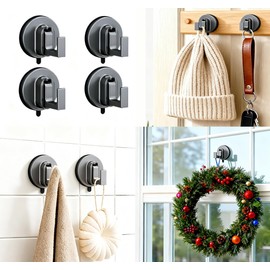 4 Pcs Suction Cup Hooks - Heavy Duty No-Drill Removable & Reusable Hooks Waterproof Rustproof Vacuum Suction Hangers for Shower Bathroom Robe Loofah Wreath Decor Ideal for Glass Tile Mirror Door