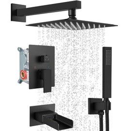 Midanya Rain Shower System Tub Shower Faucet Set Square Rainfall Waterfall Shower Head with Handheld Sprayer Tub Spout Combo Wall Mounted bathtub faucet set Rough-in Valve, 10 Inch Matte Black