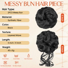 RONTAYA 2PCS Messy Bun Hair Piece Wavy Curly Synthetic Updo Chignon Fake Scrunchies Ponytail Extension for Women Black