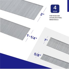HW HAMWOO 18 Gauge 304 Stainless Steel Brad Nails (2",1-1/4",1",5/8"),1200 pcs 18 GA Nail Gun Nails Assorted, Suitable for Most Brand of 18 Gauge Pneumatic and Electric Brad Nailer