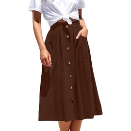 ZOYEESHINE Women's Modern Button Front Skirt: High Waist Pleated Midi Flare, Casual A-Line with Side Pockets(Small,Dark Brown)