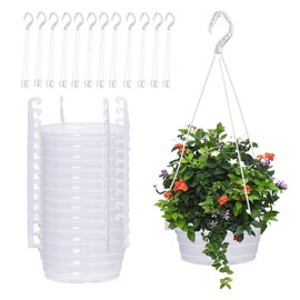 EVERDIJ 12Pcs 12 Inch Hanging Plant Water Catcher and 12Pcs White Hook Set Clear Hanging Basket Water Catcher Hanging Basket Drip Pan with Hooks for Indoor Outdoor Hanging Baskets Flower Pot