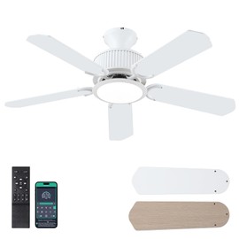 Surtime 44In Flush Mount Ceiling Fans with Lights and APP&Remote Control,Farmhouse Low Profile Ceiling Fan for Indoor/Outdoor,3CCT Dimmable,5 Reversible Double-Sided Blades（White）