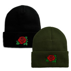 AZJ Women's Rose Beanie Hats Men's Winter Warm Soft Skull Cap Unisex Knitted Cuff Beanies, Black and Green