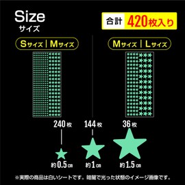 YS-044 Glow in the Dark Stickers, Star Shape, Glow in the Dark, Stickers, Large Capacity, 2 Sheets, Total of 420 Sheets