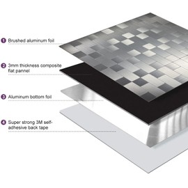 XUANINY Peel and Stick Metal Backsplash Tiles, Self Adhesive Aluminum Mosaic 3D Wall Sticker for Kitchen (Square +Rectangle Stainless Steel, 10 Sheets)