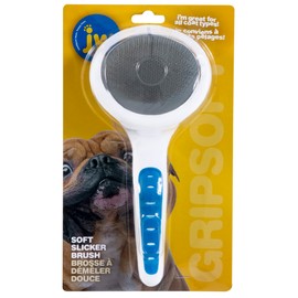 JW Pet Gripsoft Dog Soft Pin Slicker Brush with Non-Slip Rubber Grip (Angled Stainless Steel Tines), Dog Grooming Brush, Assorted Colors, Large, 10"