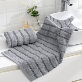 sense gnosis Ribbed Striped Hand Towel Soft and Absorbent 100% Cotton Luxury Bathroom Jacquard Hand Towel Decorative 13 x 29 Inch(Light Grey, 2 Pieces)