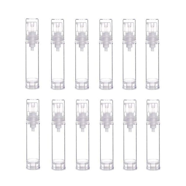 12Pcs Portable Empty Refillable Clear Plastic Airless Vacuum Pump Bottle Cosmetic Make-up Cream Lotion Sample Packing Toiletries Liquid Storage Container Vial Jars(10ml/0.34oz)