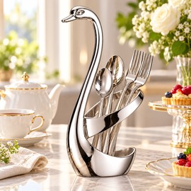 Elegant Swan Spoon and Fork Holder, Decorative Metal Cutlery Organizer Stand for Kitchen Countertop, Dining Table and Coffee Bar