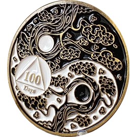 RecoveryChip 100 Days AA Medallion Sakura Tree Cherry Blossom Ying Yang Black and White Serenity Prayer Medallion