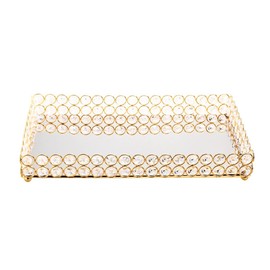 Feyarl Large Crystal Rectangle Mirrored Tray Cosmetic Vanity Tray Organizer Tray Decorative Perfume Skin Care Tray Wedding Home Decoration Dresser (Gold)
