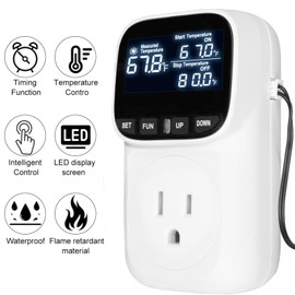 XIEHUZA Digital Thermostat Socket, Countdown Temperature Controller 110~120V VA Display Heating Cooling Mode Timer with Sensor for Reptile Greenhouse Home Fermentation Farm Aquarium, -40℉~210℉