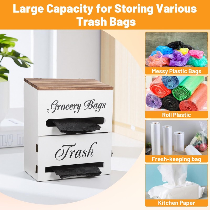 2 in 1 Trash Bag Dispenser,White Wood Trash Bags Holder
