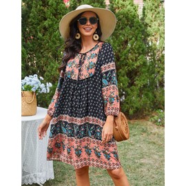 Bluetime Women Casual Summer Dress Boho V Neck 3/4 Sleeve Babydoll Floral Print Flowy Beach Dress (L, Navy Pink)