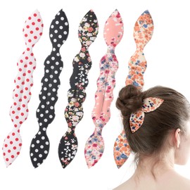 5PCS Floral Prints Bun Makers, Polka Dot Rabbit Ear Bun Twister, Flower Quick Hair Styling Accessories, Deft Hair Bun Maker Hairband, Headwear Styling Tools for Women Vacation Party Accessories