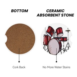 Rock Music Drum Kit Car Coasters for Cup Holder, 2 Pack Absorbent Ceramic Car Coaster with Finger Notch & Cork Base
