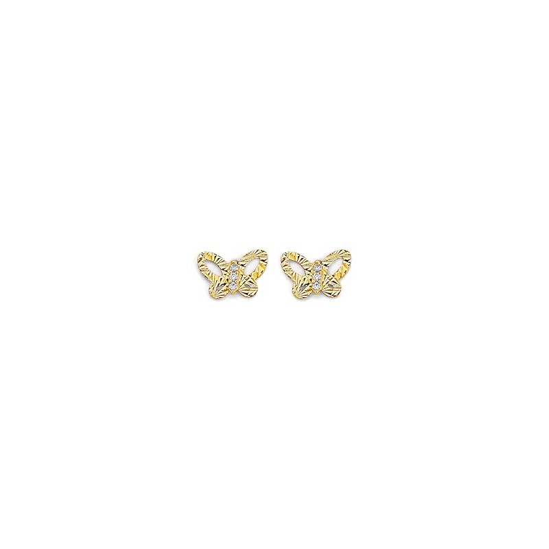 14k REAL Yellow Gold Diamond Cut Butterfly Stud Earrings with