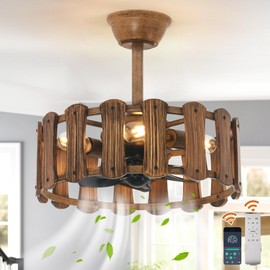 Garwarm 18in Caged Ceiling Fan with Light, Chandelier Farmhouse Ceiling Fans with Lights and Remote,Bladeless Rustic Fandelier Ceiling Fan for Kitchen, Bedroom（6 Speed, Timing）-Rustic Wood