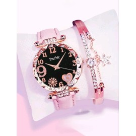 Unbranded Women's Fashionable Round Dial Pointer Rhinestone Quartz Watch Set (1pc Quartz.