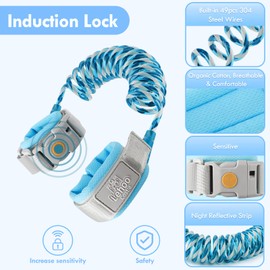 Lehoo Castle Wrist Reins for Toddlers, 1.5M Child Wrist Strap Safety with Induction Lock, Anti Lost Wrist Link Toddler, Toddler Reins for Walking(Light Blue)