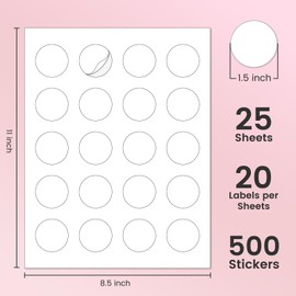 L LIKED 1.5'' Diameter Round Printable 500 Labels Sticker Labels for Laser/Inkjet Printer, Matte White Blank Circle Stickers, Strong Adhesive (25 Sheets)