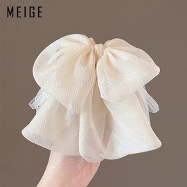 Elegant Bowknot Hair Claw, Chiffon, Silk Thread, Hair Clip, Large, Fluffy, Hair Ornament, Hair Claw, Lightweight, Commuting, Party, Gift, Women's, Gentle, White, Bowknot Hair Claw