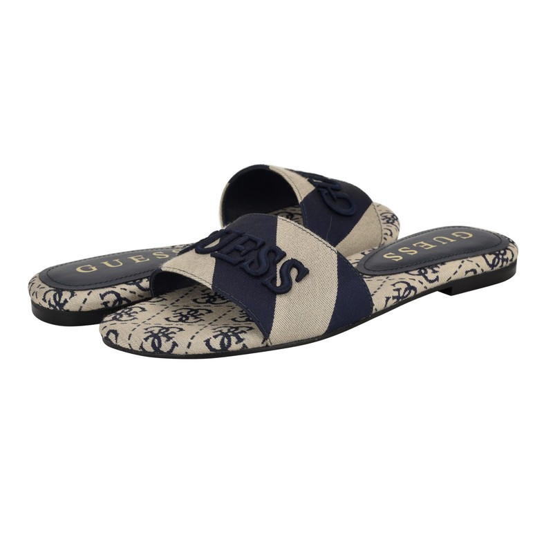 Guess Women's HARINI Flat Sandal, Dark Blue/White Stripe Multi 400,