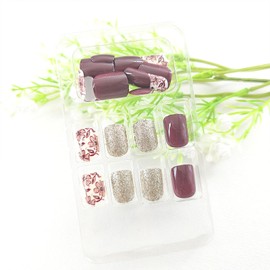 Fall Press on Nails Square False Nails Short Dark Brown Nails Press ons with Glitter Khaki Flower Leaf Deaigns Acrylic Fake Nails Glossy Square Glue on Nails Artificial Stick on Nails for Women 24Pcs