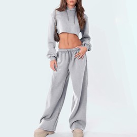 Women's Causal Drawstring High Waist Baggy Straight Wide Leg Sweatpants Solid Color Loose Trousers with Pockets