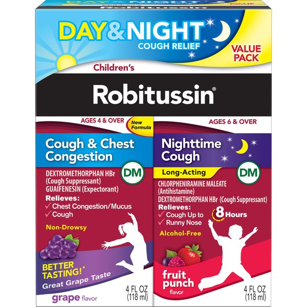 Children's Robitussin DM Day and Night Cough Relief Value Pack, Cough Medicine, Grape/Fruit Punch Flavor - 4 Fl Oz x 2