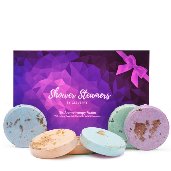 Cleverfy Aromatherapy Shower Steamers - Fathers Day Variety Pack of 6 Shower Steamers with Essential Oils. Purple Set: Lavender, Menthol & Eucalyptus, Vanilla, Watermelon, Grapefruit, and Peppermint