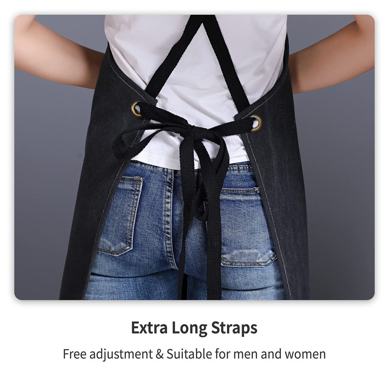 EWIZ Cotton Linen Apron Adjustable Straps with Three Pockets for