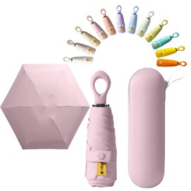 Mini Sun Travel Folding Umbrella Ring handle With Storage Case - Coating Layer Fabric/anti UPF 50 UV Protection 99.9% Compact Purse Umbrella/Lightweight Small Portable Backpack/Rain Sun/Women Kids