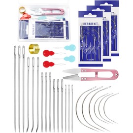 FIVEIZERO 28PCS Heavy Duty Hand Sewing Needles Set - Large Eye Leather Sewing Needles for Hand Stitching,Upholstery, Carpet,and Canvas Repair, Including Curved Sewing Needle and Needle Threaders