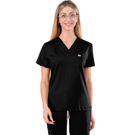 Mediero Scrub Tops for Medical Women, Soft Stretch V-Neck Scrub Top, Wrinkle-Resistant Fabric with Chest Pocket Black