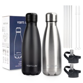 Insulated Water Bottle,2 Pack-9oz Stainless Steel Water Bottles with straw lid,Metal Sports Thermos Water Bottles for Boys,Girls,Double Wall Vacuum BPA-Free Flask for Sports (Black-Sliver)