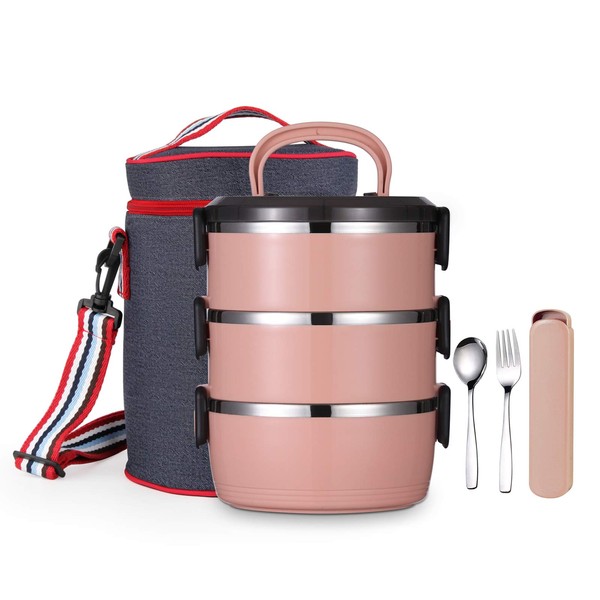 YBOBK HOME Bento Lunch Box, Stackable Insulated Leak Proof Stainless Steel Metal Portable Cylinder All-in-one Lunch Container with Lunch Bag Spoon and Fork for Adults (Coral Red)