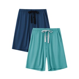 EA'S SECRET Men’s Pajama Bamboo Shorts Soft Sleep Shorts Comfy Lounge Pants with Pockets, Navy Blue&light Green, X-Large