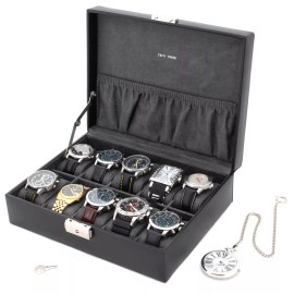 Tech Swiss Watch Box Storage Case Leather For 10 Watches With Lined Pocket TS410BLK