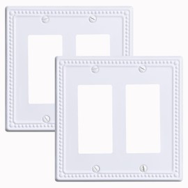 Kisrvopn Metal Outlet Covers Wall Plates, White Beadboard Switch Plate Cover, 2 Gang Decorator 2 Pack
