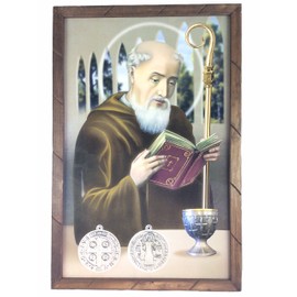 >San Benito Cuadro Religioso Con Marco De Madera Rustica 36"x24"x1"