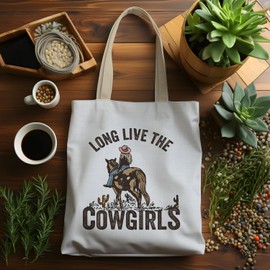 Lacosu Vintage Western Tote Bag, Canvas Tote for Women, Cowgirl Gifts, Reusable Grocery Bags, White, 15 inches x 13 inches