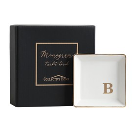 COLLECTIVE HOME - Ceramic Jewelry Tray, Monogram Decorative Trinket Dish for Rings Earrings Necklaces Bracelet Watch Keys, Birthday Mother's Day Christmas Gift for Women, 4" x 4" (B)