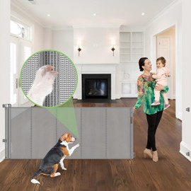 96 Inch Wide Reinforced Retractable Dog Gate with Support Rods - Prevent Crawling Under, Extra Long Retractable Baby Gate Large Dog Gate Indoor/Outdoor Retractable Pet Gate, Gray