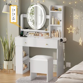 DWVO Vanity Desk with Mirror and Lights, Makeup Vanity Table Set with Power Outlets and Chair, 3 Lighting Colors, Makeup Desk with 2 Drawer and Lots Storage Shelves, White Dressing Table for Bedroom