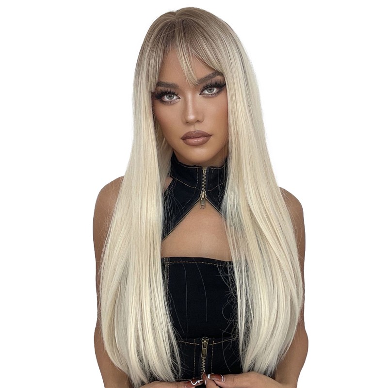 Long Black Wig Human Hair with Bangs and Wig Cap
