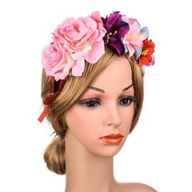 Lofruiin Women's Rose Flower Crown Headband Day of The Dead Headband Mexican Floral Headpiece (B- Pink, Free)